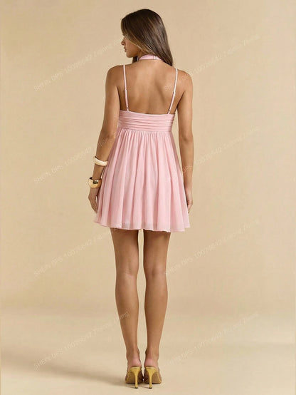 BAE Women's Summer Soft Pink Elegant Cute Birthday Vacation Party Mini Dress,Sleeveless Spaghetti Strap Sweet Cute Sundress,Suitable For Dates,Bridesmaid