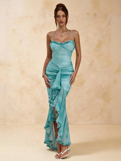 BAE Women's Teal Elegant Sexy Dinner Vacation Maxi Dress,Spaghetti Strap Fitted Backless Ruffle Hem High Slit Summer Beach Floral Print Valentine Outfit