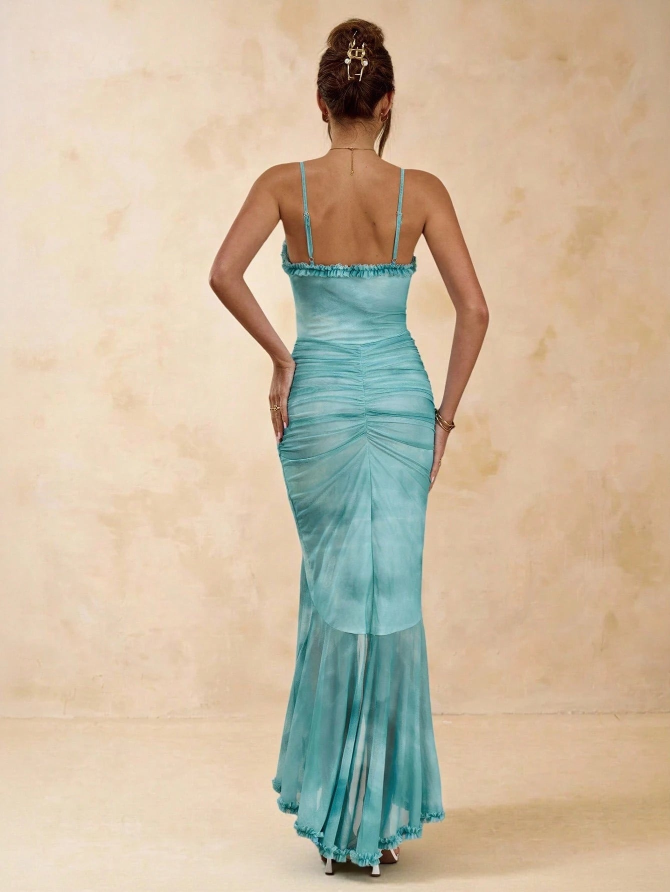 BAE Women's Teal Elegant Sexy Dinner Vacation Maxi Dress,Spaghetti Strap Fitted Backless Ruffle Hem High Slit Summer Beach Floral Print Valentine Outfit