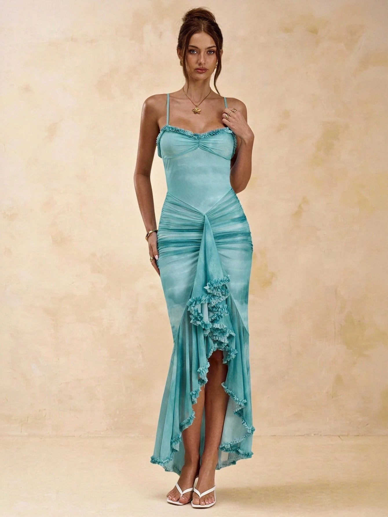 BAE Women's Teal Elegant Sexy Dinner Vacation Maxi Dress,Spaghetti Strap Fitted Backless Ruffle Hem High Slit Summer Beach Floral Print Valentine Outfit