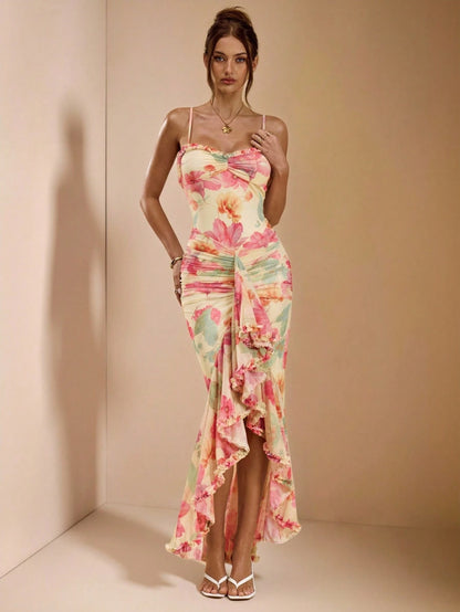 BAE Women's Teal Elegant Sexy Dinner Vacation Maxi Dress,Spaghetti Strap Fitted Backless Ruffle Hem High Slit Summer Beach Floral Print Valentine Outfit