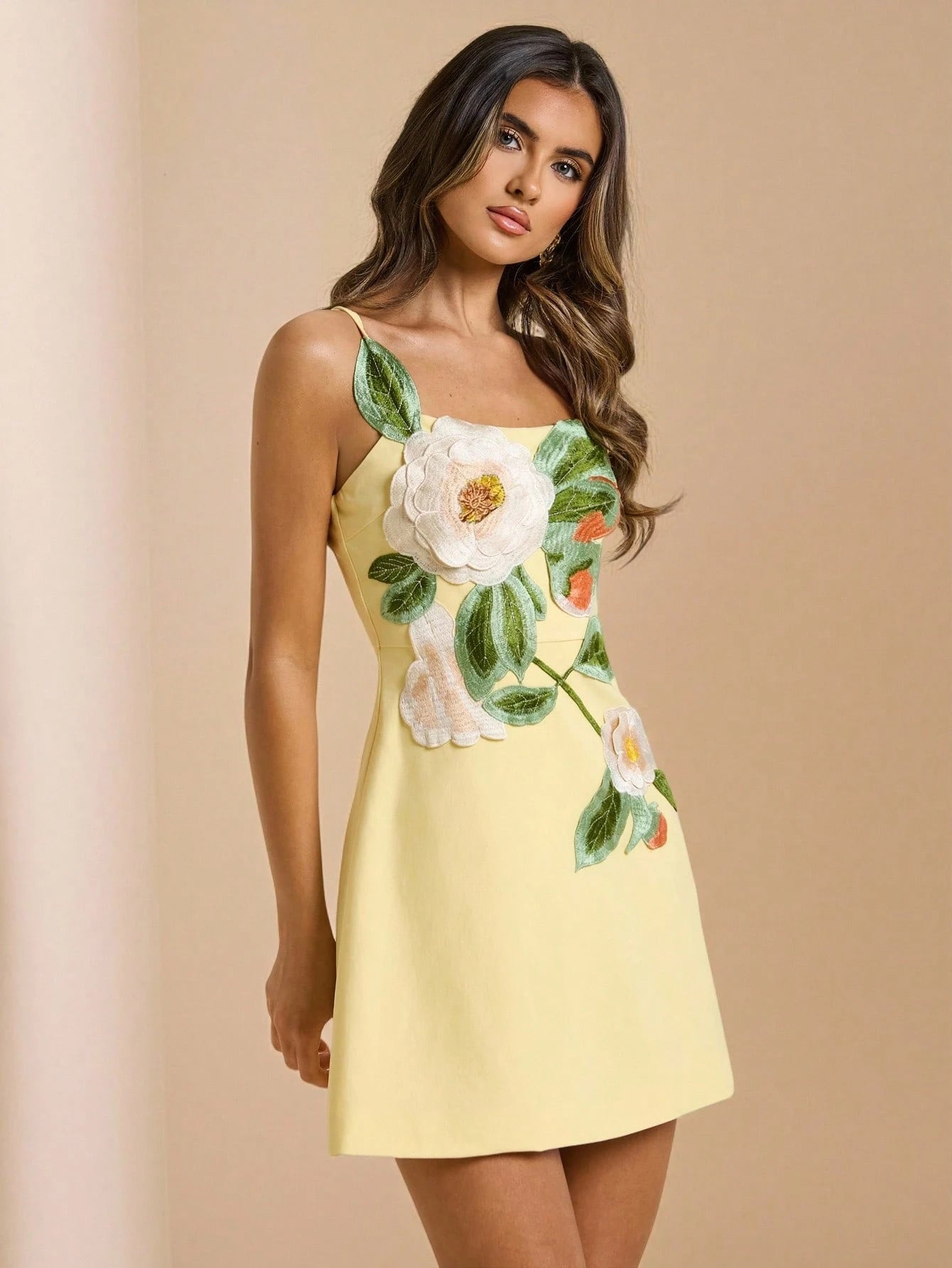BAE Women's Yellow 3D Floral Decor A-Line Spaghetti Strap Dress, Elegant Floral Dress, Wedding Dress, Back To School Dress