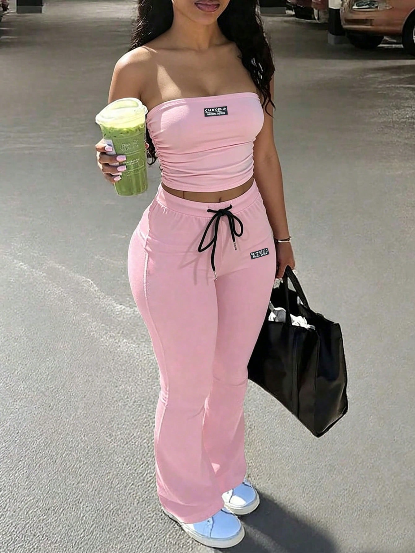 BamGleam New Summer Casual Street Style Sexy Fit Insignia Decorated Tube Top + High Waisted Flared Pants Women's Two-Piece Set. Suitable For Valentine's Day, Date, Party, Party, Holiday, Concert, Sexy