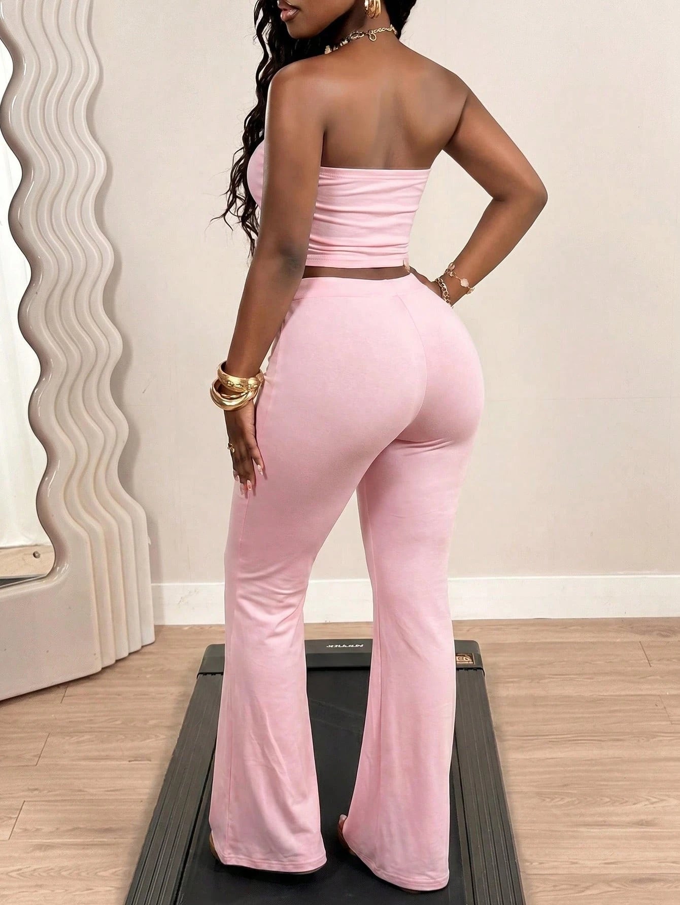 BamGleam New Summer Casual Street Style Sexy Fit Insignia Decorated Tube Top + High Waisted Flared Pants Women's Two-Piece Set. Suitable For Valentine's Day, Date, Party, Party, Holiday, Concert, Sexy