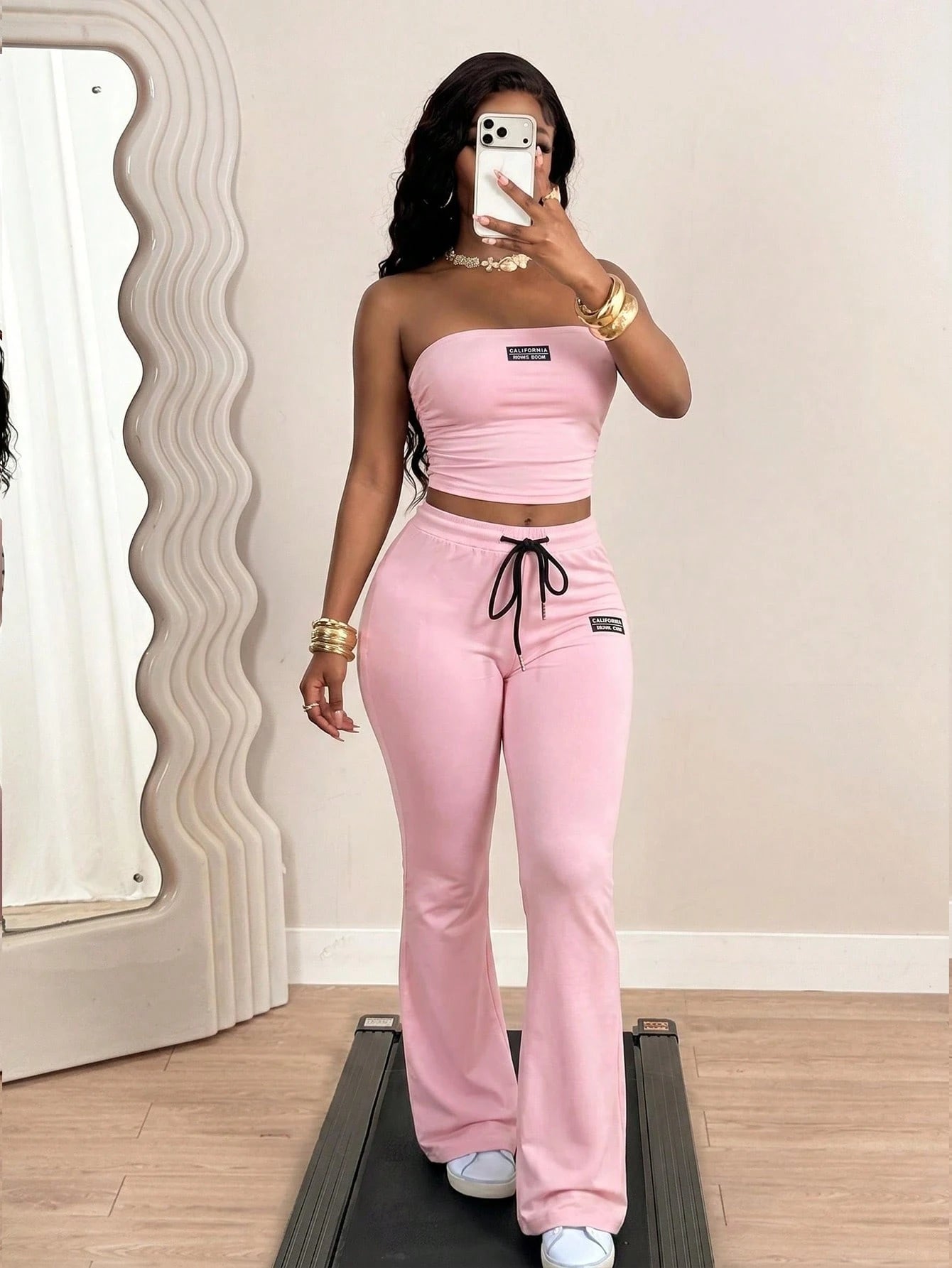 BamGleam New Summer Casual Street Style Sexy Fit Insignia Decorated Tube Top + High Waisted Flared Pants Women's Two-Piece Set. Suitable For Valentine's Day, Date, Party, Party, Holiday, Concert, Sexy