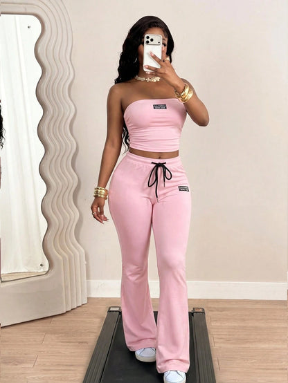 BamGleam New Summer Casual Street Style Sexy Fit Insignia Decorated Tube Top + High Waisted Flared Pants Women's Two-Piece Set. Suitable For Valentine's Day, Date, Party, Party, Holiday, Concert, Sexy