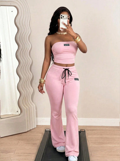 BamGleam New Summer Casual Street Style Sexy Fit Insignia Decorated Tube Top + High Waisted Flared Pants Women's Two-Piece Set. Suitable For Valentine's Day, Date, Party, Party, Holiday, Concert, Sexy