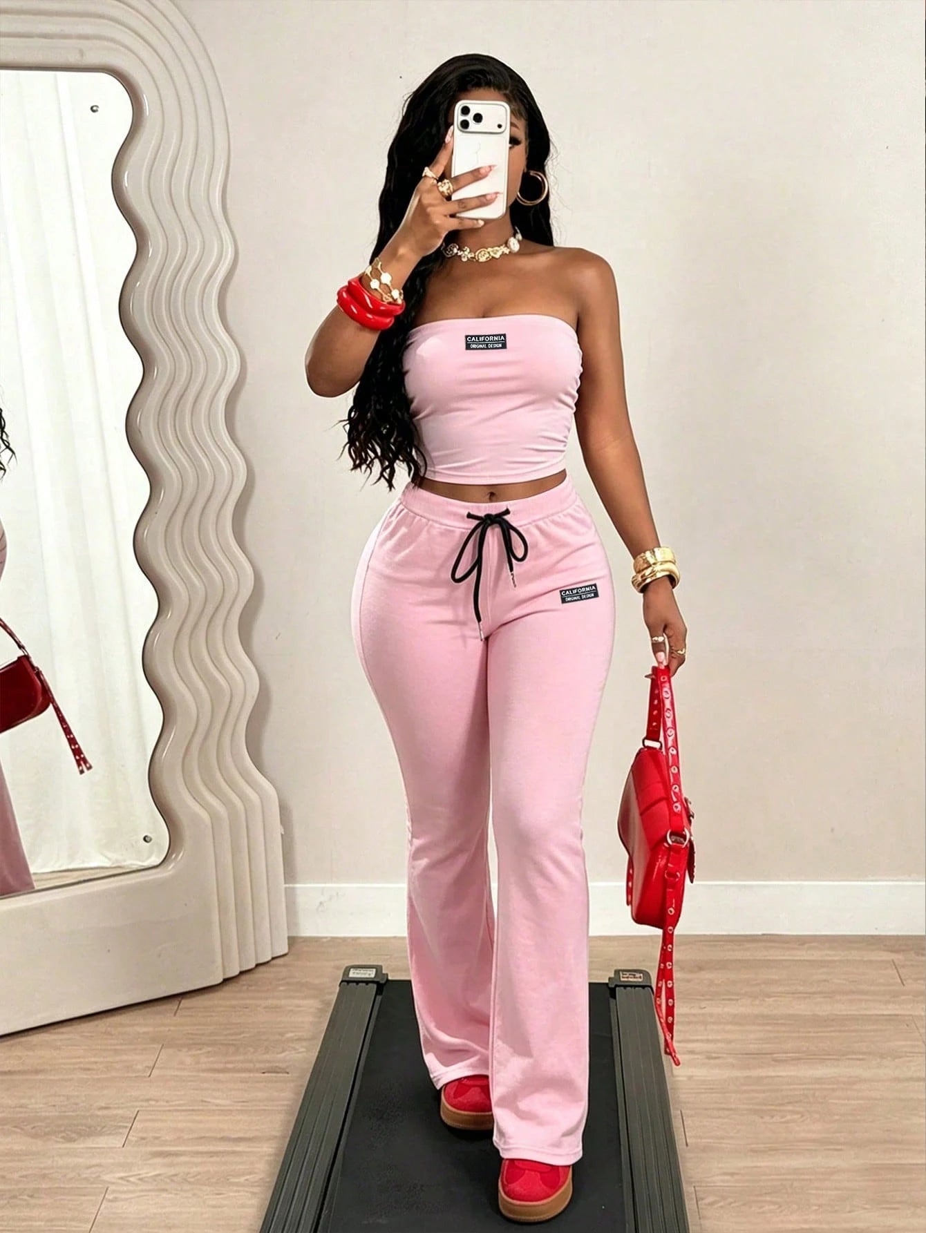 BamGleam New Summer Casual Street Style Sexy Fit Insignia Decorated Tube Top + High Waisted Flared Pants Women's Two-Piece Set. Suitable For Valentine's Day, Date, Party, Party, Holiday, Concert, Sexy