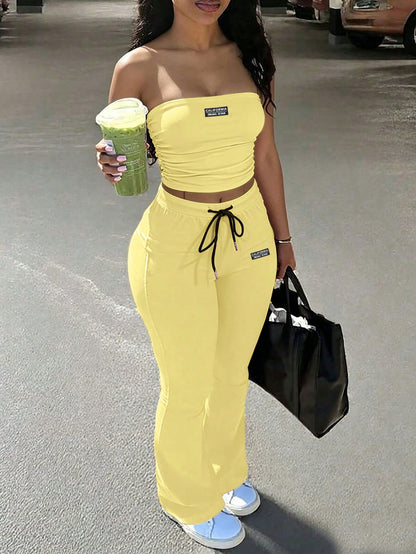 BamGleam New Summer Casual Street Style Sexy Fit Insignia Decorated Tube Top + High Waisted Flared Pants Women's Two-Piece Set. Suitable For Valentine's Day, Date, Party, Party, Holiday, Concert, Sexy