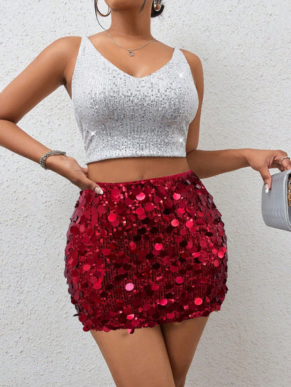 BamGleam Women Sequin Decorated Mini Skirt, Casual For Party & Holiday For New Year Holiday Party Clothes