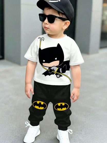 BATMAN X 2pcs/Set Baby Boy Black Summer Cute Beach Outfit,Casual Loose Short Sleeve T-Shirt And Pants Set,Graphic Cartoon Print,Comfortable Spring Clothing