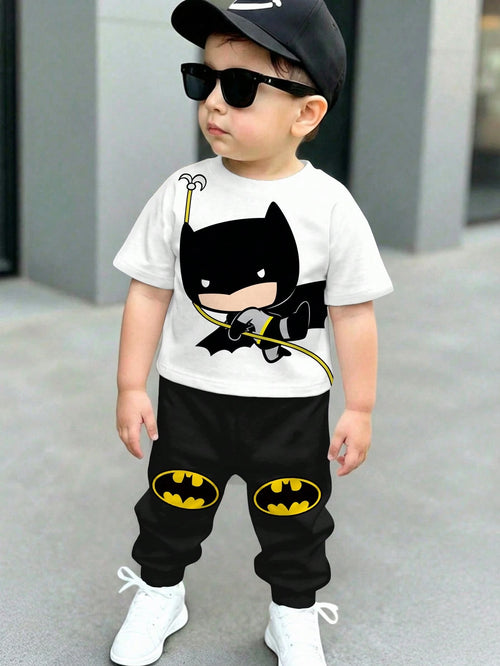BATMAN X 2pcs/Set Baby Boy Black Summer Cute Beach Outfit,Casual Loose Short Sleeve T-Shirt And Pants Set,Graphic Cartoon Print,Comfortable Spring Clothing