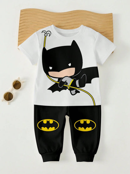 BATMAN X 2pcs/Set Baby Boy Black Summer Cute Beach Outfit,Casual Loose Short Sleeve T-Shirt And Pants Set,Graphic Cartoon Print,Comfortable Spring Clothing