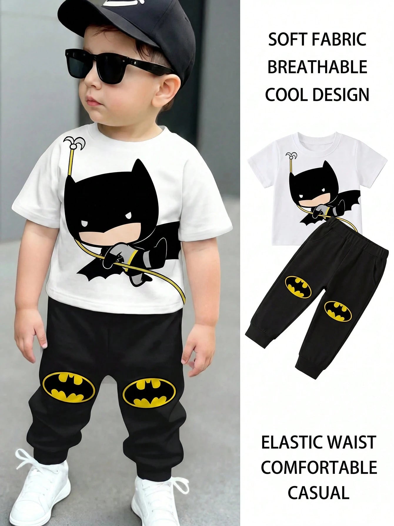 BATMAN X 2pcs/Set Baby Boy Black Summer Cute Beach Outfit,Casual Loose Short Sleeve T-Shirt And Pants Set,Graphic Cartoon Print,Comfortable Spring Clothing