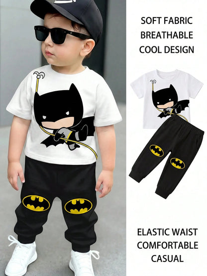 BATMAN X 2pcs/Set Baby Boy Black Summer Cute Beach Outfit,Casual Loose Short Sleeve T-Shirt And Pants Set,Graphic Cartoon Print,Comfortable Spring Clothing