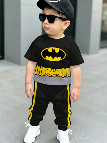 BATMAN X 2pcs/Set Baby Boy Black Summer Cute Beach Outfit,Casual Loose Short Sleeve T-Shirt And Pants Set,Graphic Cartoon Print,Comfortable Spring Clothing