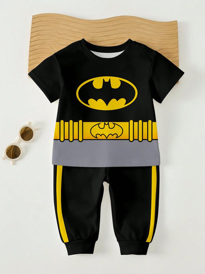 BATMAN X 2pcs/Set Baby Boy Black Summer Cute Beach Outfit,Casual Loose Short Sleeve T-Shirt And Pants Set,Graphic Cartoon Print,Comfortable Spring Clothing