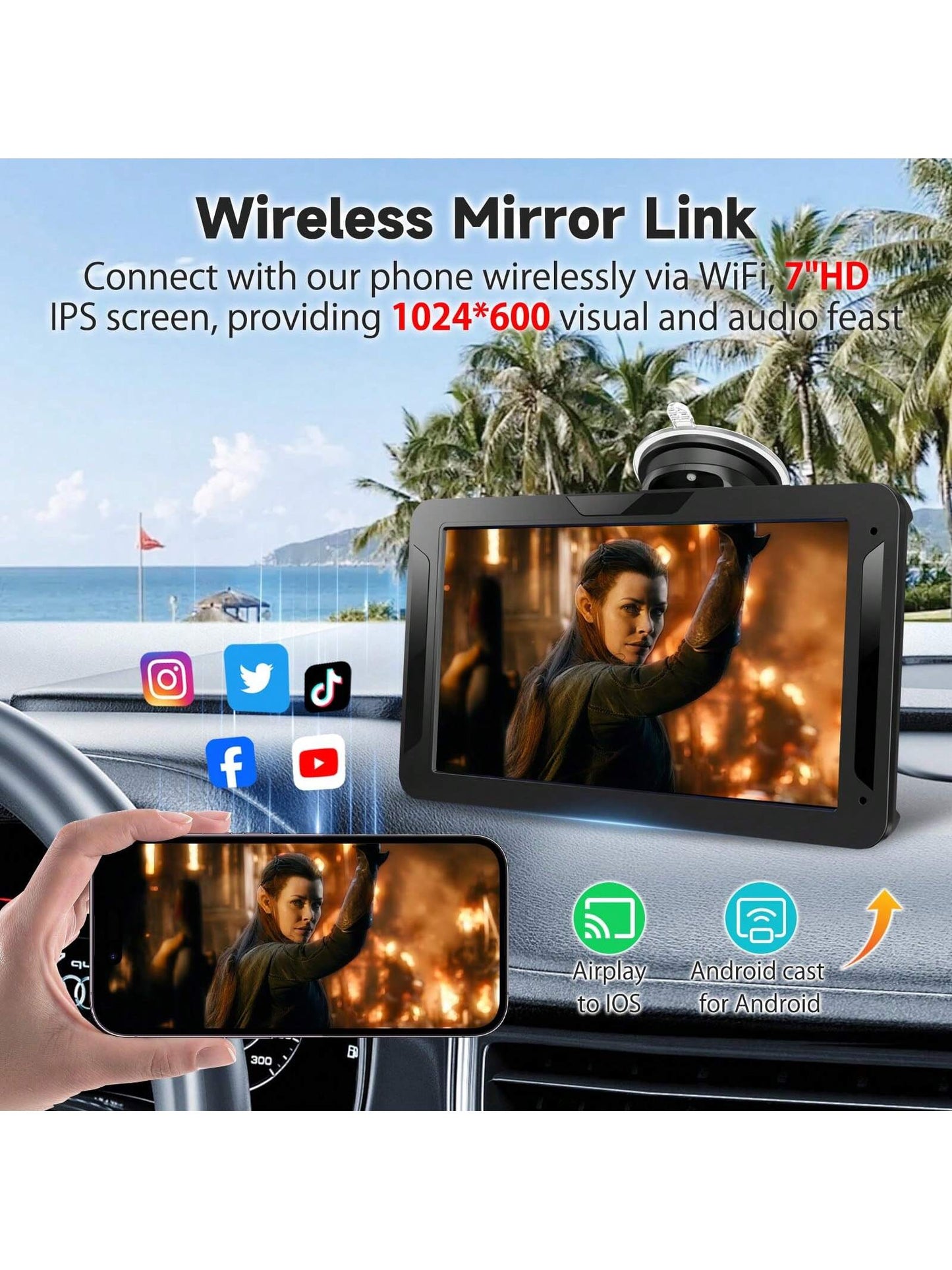 BDQ 7 Inch Car Radio Wireless Carplay & Android Auto Multimedia WIFI Video Player Portable MP5 Player+ Backup Rearview Camera