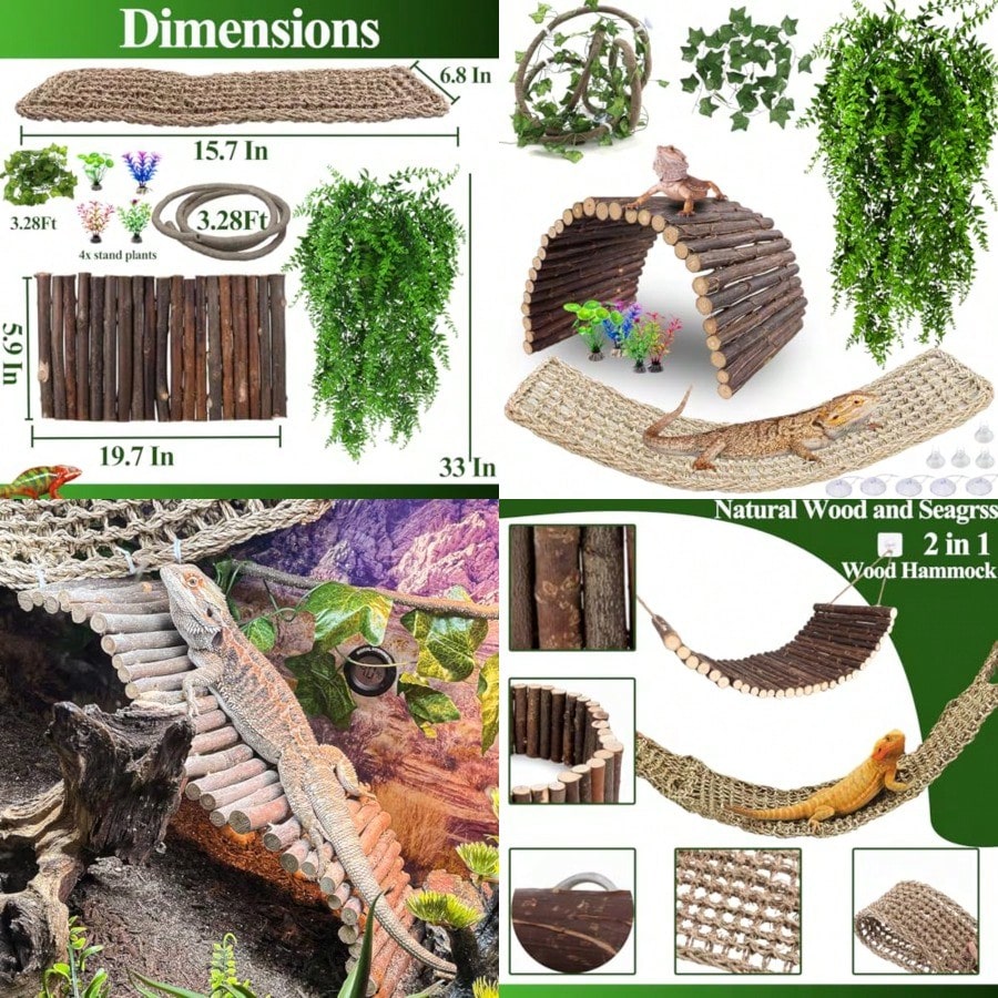 Bearded Dragon Tank Accessories Large Reptile Bridge Hammock Flexible Jungle Climbing Vines And Leaves With Suction Cups Habitat Decor For Hiding Climbing Snake Gecko Lizard Chameleon