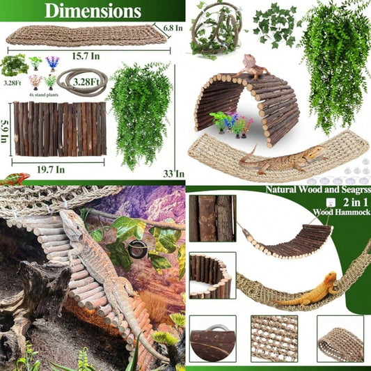 Bearded Dragon Tank Accessories Large Reptile Bridge Hammock Flexible Jungle Climbing Vines And Leaves With Suction Cups Habitat Decor For Hiding Climbing Snake Gecko Lizard Chameleon