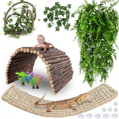 Bearded Dragon Tank Accessories Large Reptile Bridge Hammock Flexible Jungle Climbing Vines And Leaves With Suction Cups Habitat Decor For Hiding Climbing Snake Gecko Lizard Chameleon