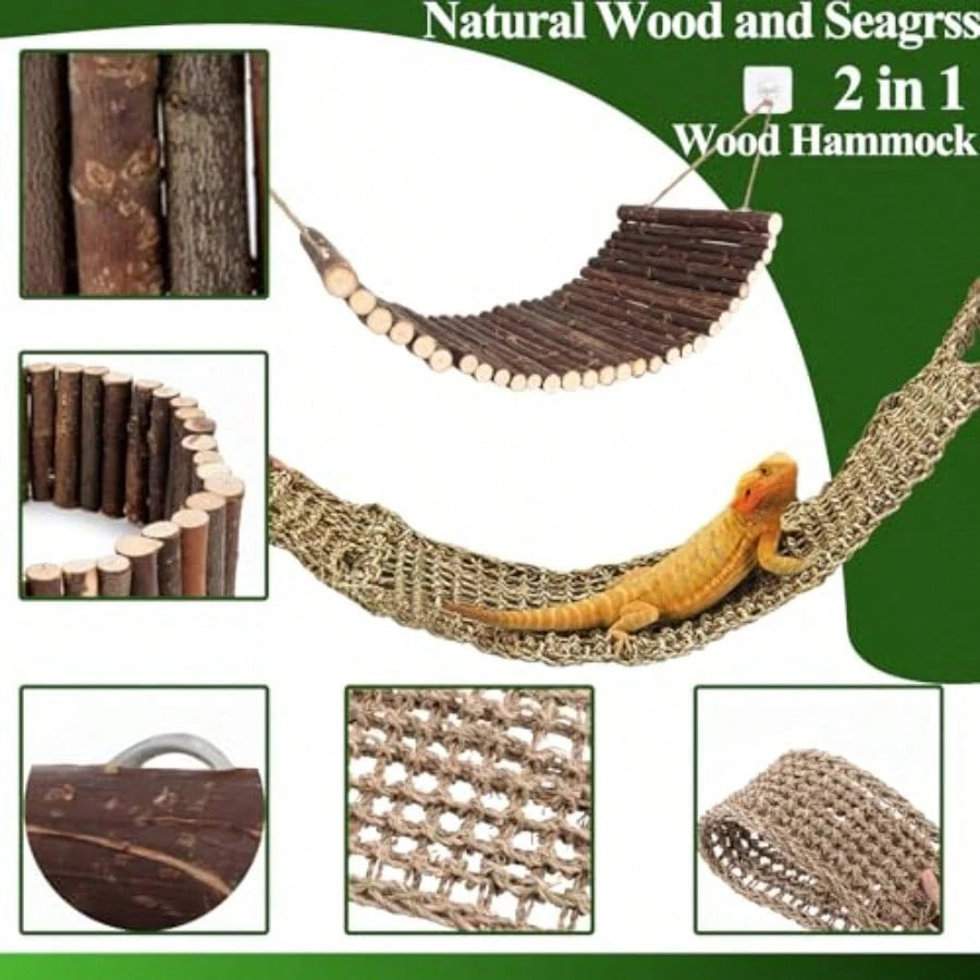 Bearded Dragon Tank Accessories Large Reptile Bridge Hammock Flexible Jungle Climbing Vines And Leaves With Suction Cups Habitat Decor For Hiding Climbing Snake Gecko Lizard Chameleon
