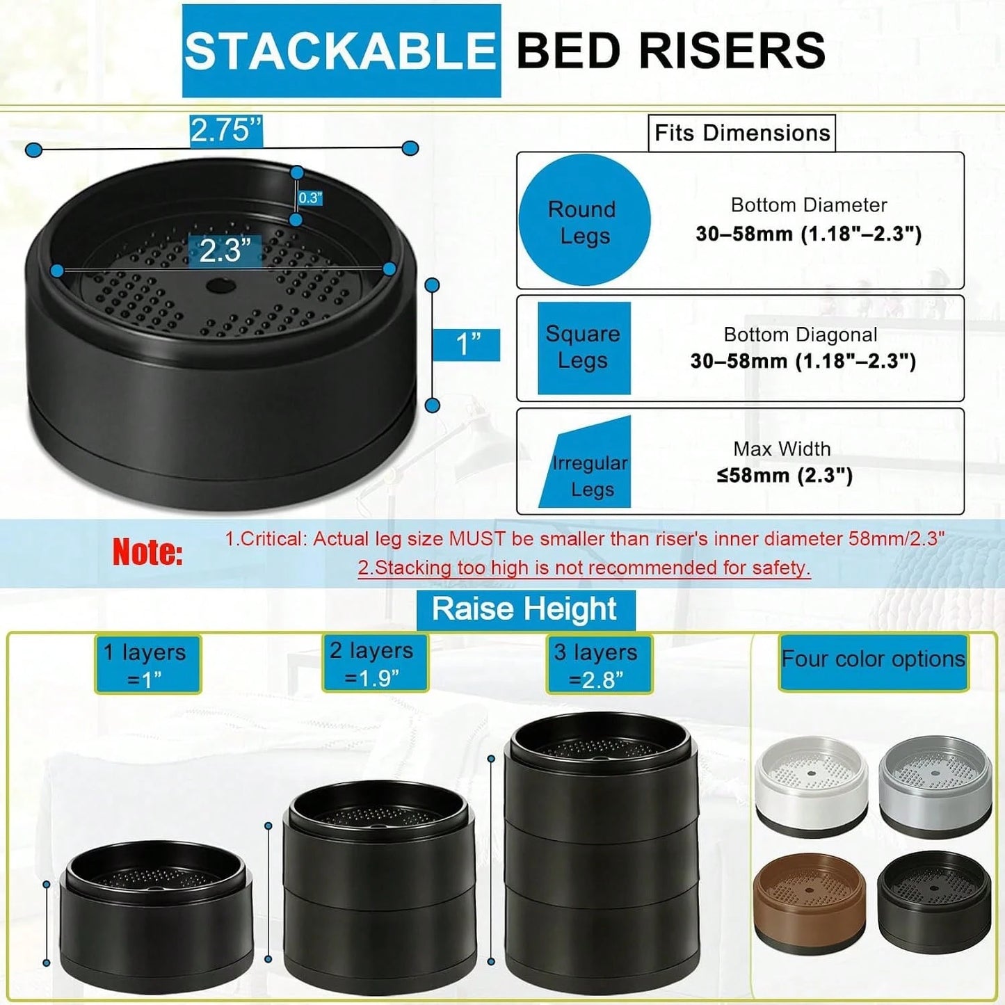 Bed Risers 1 Inch, 2 Inch, 3 Inch, 4 Inch Heavy Duty, Adjustable Furniture Riser For Table Desk Couch Sofa Chair Refrigerator Washing Machine