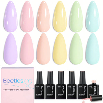 Beetles 6 Colors Pastel Gel Polish Set, Afternoon Desserts Collection Purple Yellow Blue Pink Shades, UV LED Soak Off Gel Nail Polish, DIY Salon Home Manicure Gifts For Women