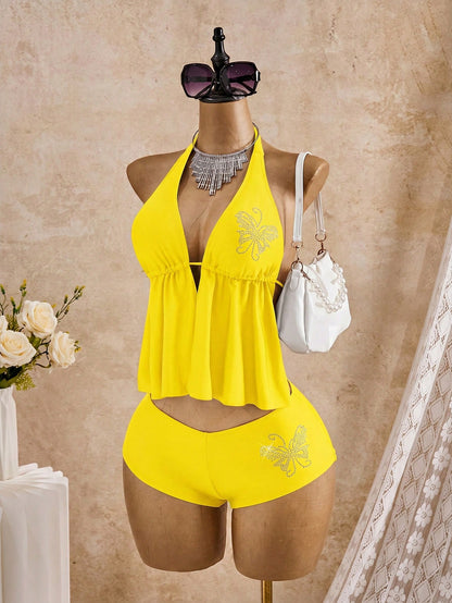 Bellisia 2026SS New Women's Swimwear Cute Yellow Summer Beach Holiday Rhinestone Floral Tankini,Boho Vacation Elegant Vintage Tropical Pleated Shorts 26SS