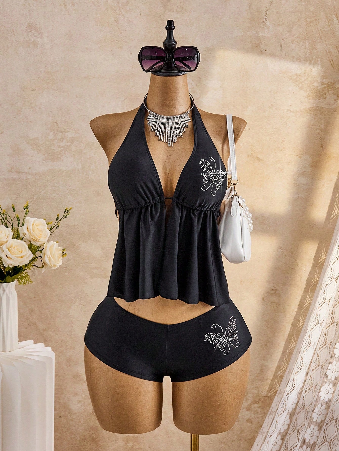 Bellisia 2026SS New Women's Swimwear Cute Yellow Summer Beach Holiday Rhinestone Floral Tankini,Boho Vacation Elegant Vintage Tropical Pleated Shorts 26SS