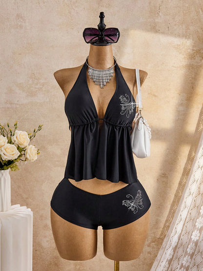 Bellisia 2026SS New Women's Swimwear Cute Yellow Summer Beach Holiday Rhinestone Floral Tankini,Boho Vacation Elegant Vintage Tropical Pleated Shorts 26SS