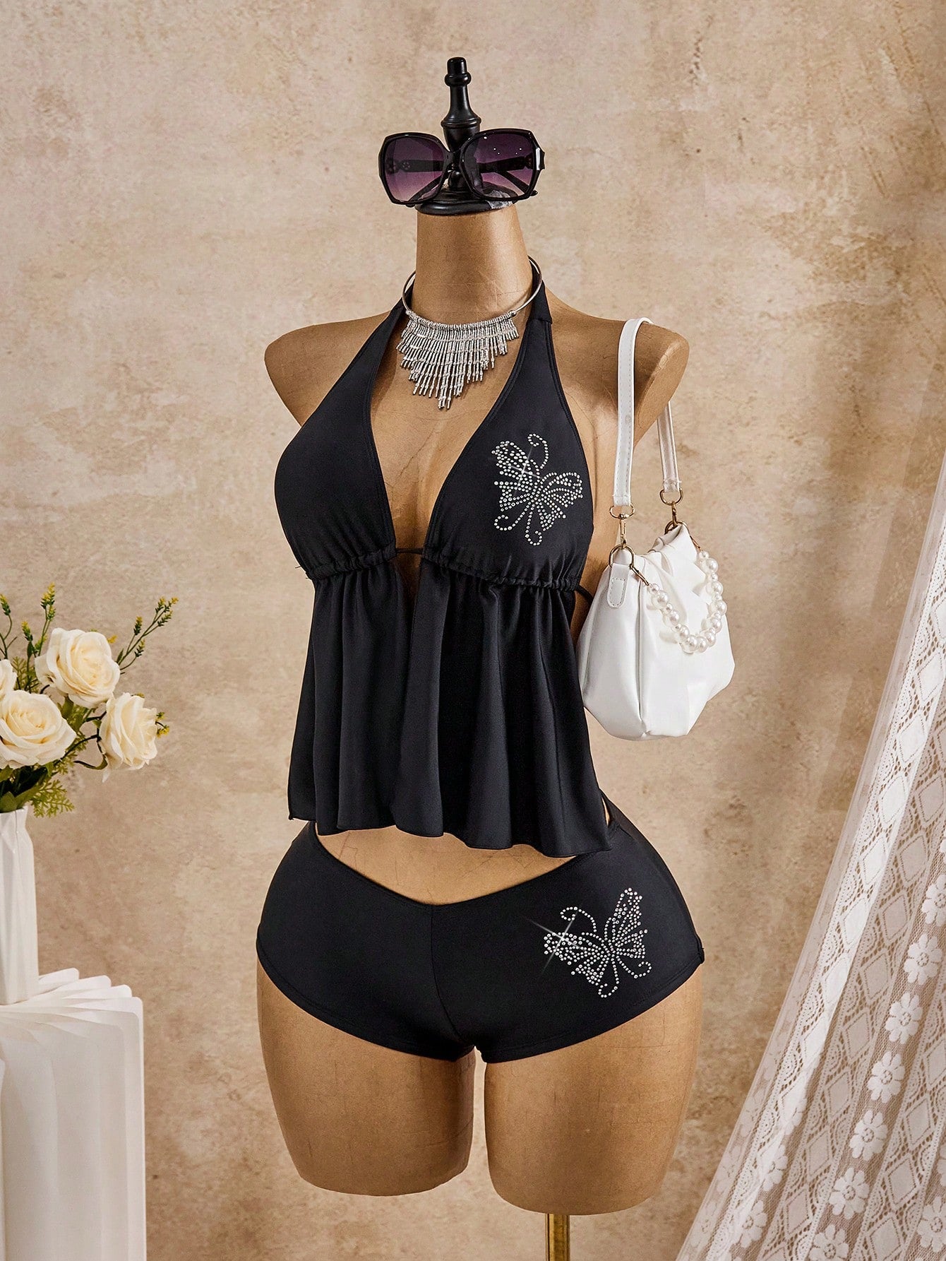 Bellisia 2026SS New Women's Swimwear Cute Yellow Summer Beach Holiday Rhinestone Floral Tankini,Boho Vacation Elegant Vintage Tropical Pleated Shorts 26SS