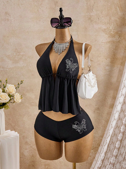 Bellisia 2026SS New Women's Swimwear Cute Yellow Summer Beach Holiday Rhinestone Floral Tankini,Boho Vacation Elegant Vintage Tropical Pleated Shorts 26SS