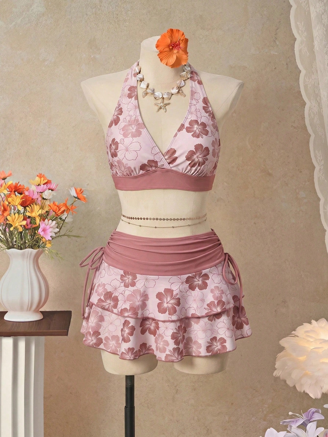 Bellisia 26SS Orange Halter Neck Triangle Bikini Top With Matching Skirt 3 Pieces Set, Beach/Resort Wear