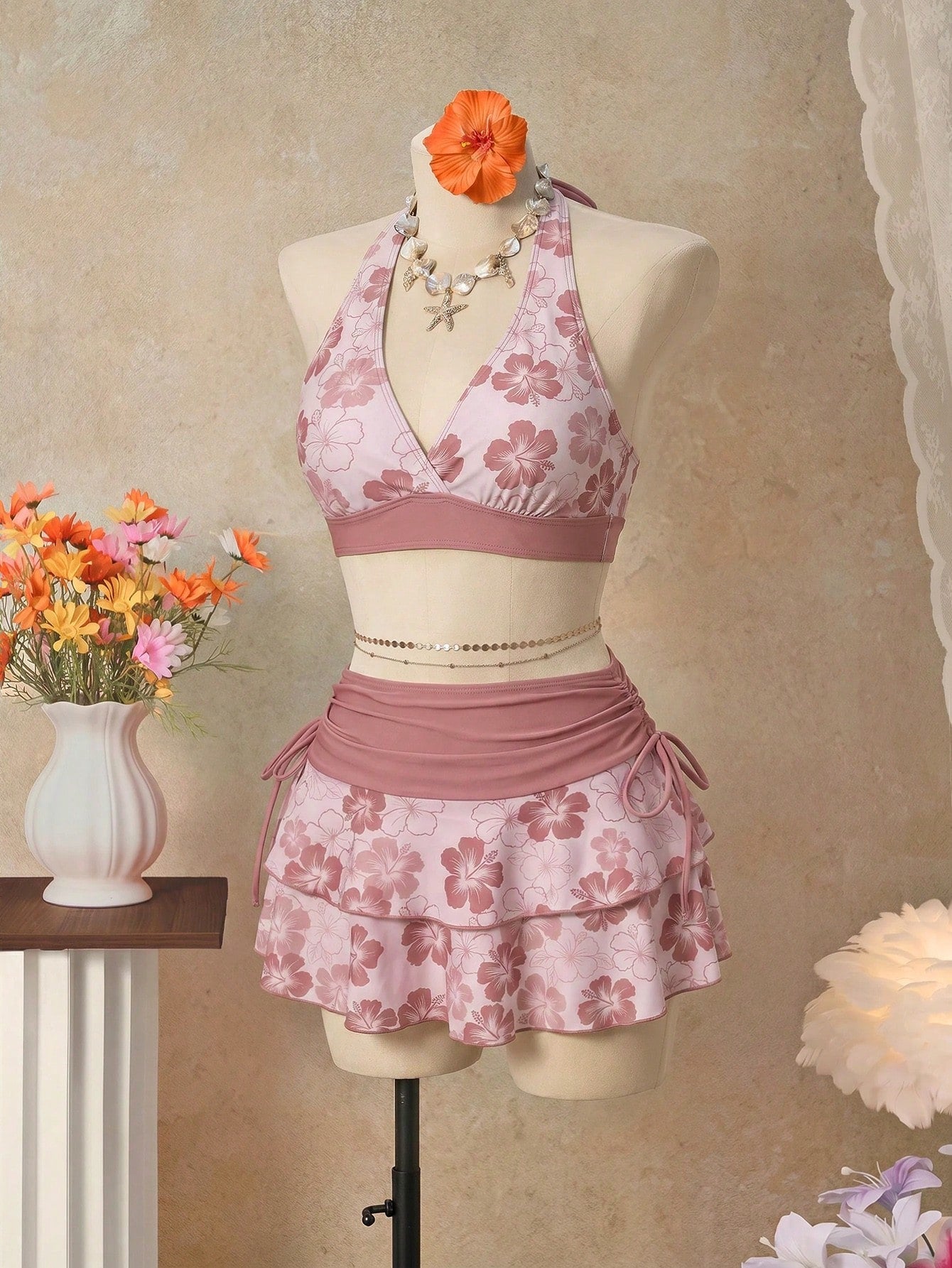 Bellisia 26SS Orange Halter Neck Triangle Bikini Top With Matching Skirt 3 Pieces Set, Beach/Resort Wear