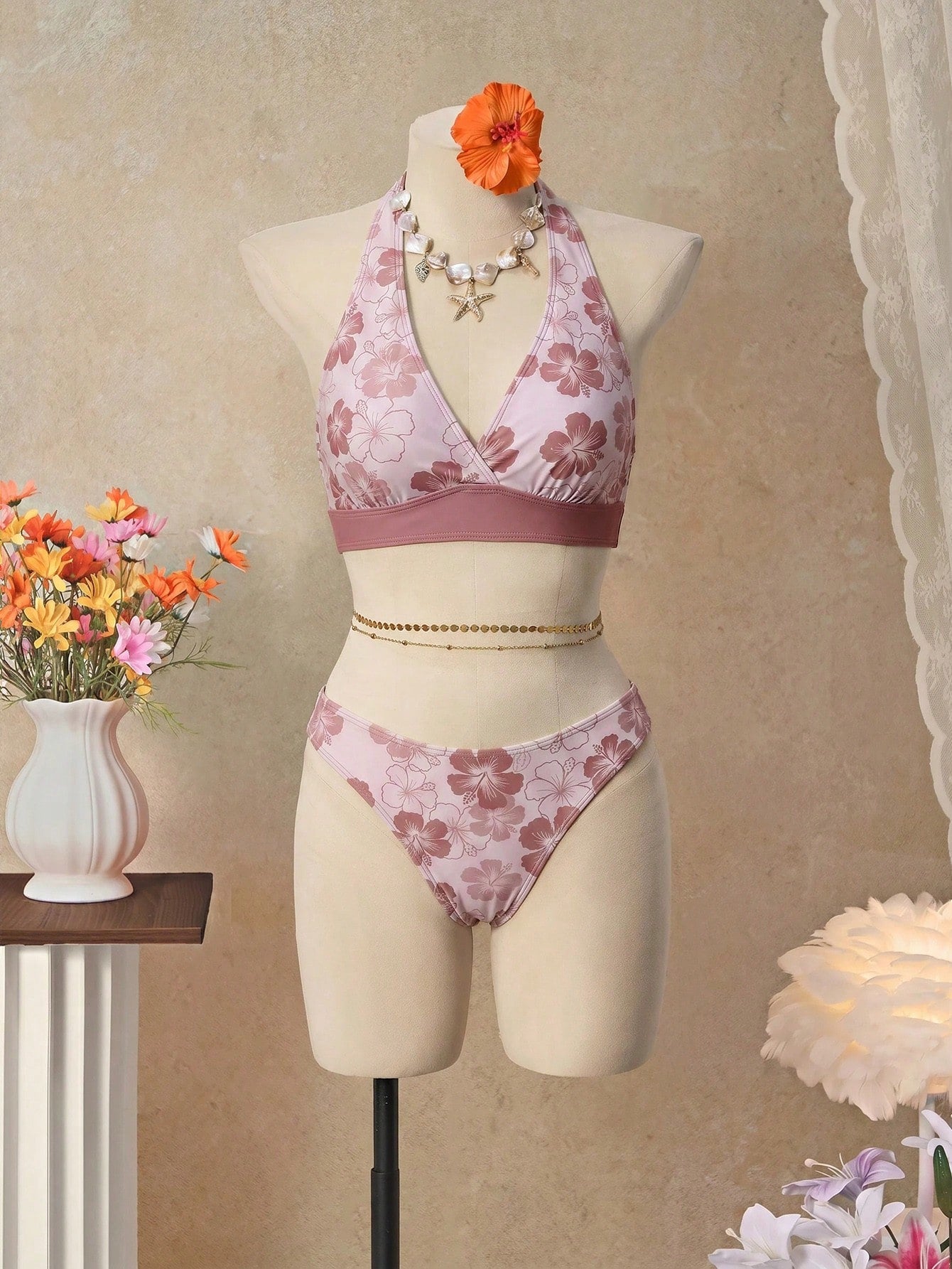 Bellisia 26SS Orange Halter Neck Triangle Bikini Top With Matching Skirt 3 Pieces Set, Beach/Resort Wear