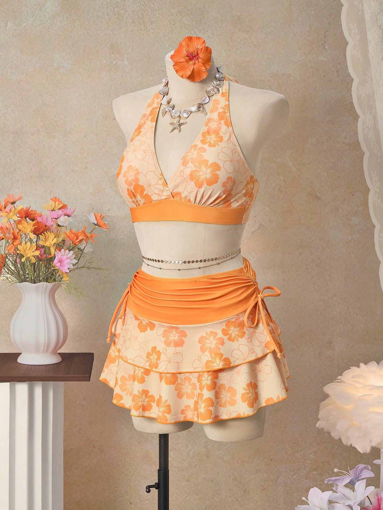 Bellisia 26SS Orange Halter Neck Triangle Bikini Top With Matching Skirt 3 Pieces Set, Beach/Resort Wear
