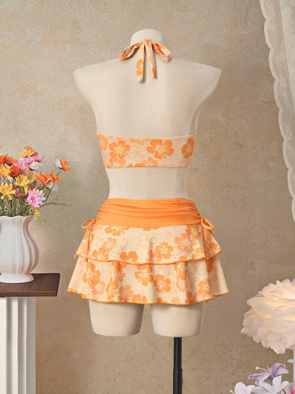 Bellisia 26SS Orange Halter Neck Triangle Bikini Top With Matching Skirt 3 Pieces Set, Beach/Resort Wear