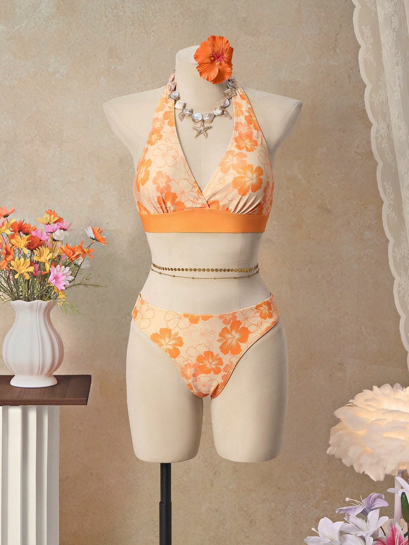 Bellisia 26SS Orange Halter Neck Triangle Bikini Top With Matching Skirt 3 Pieces Set, Beach/Resort Wear