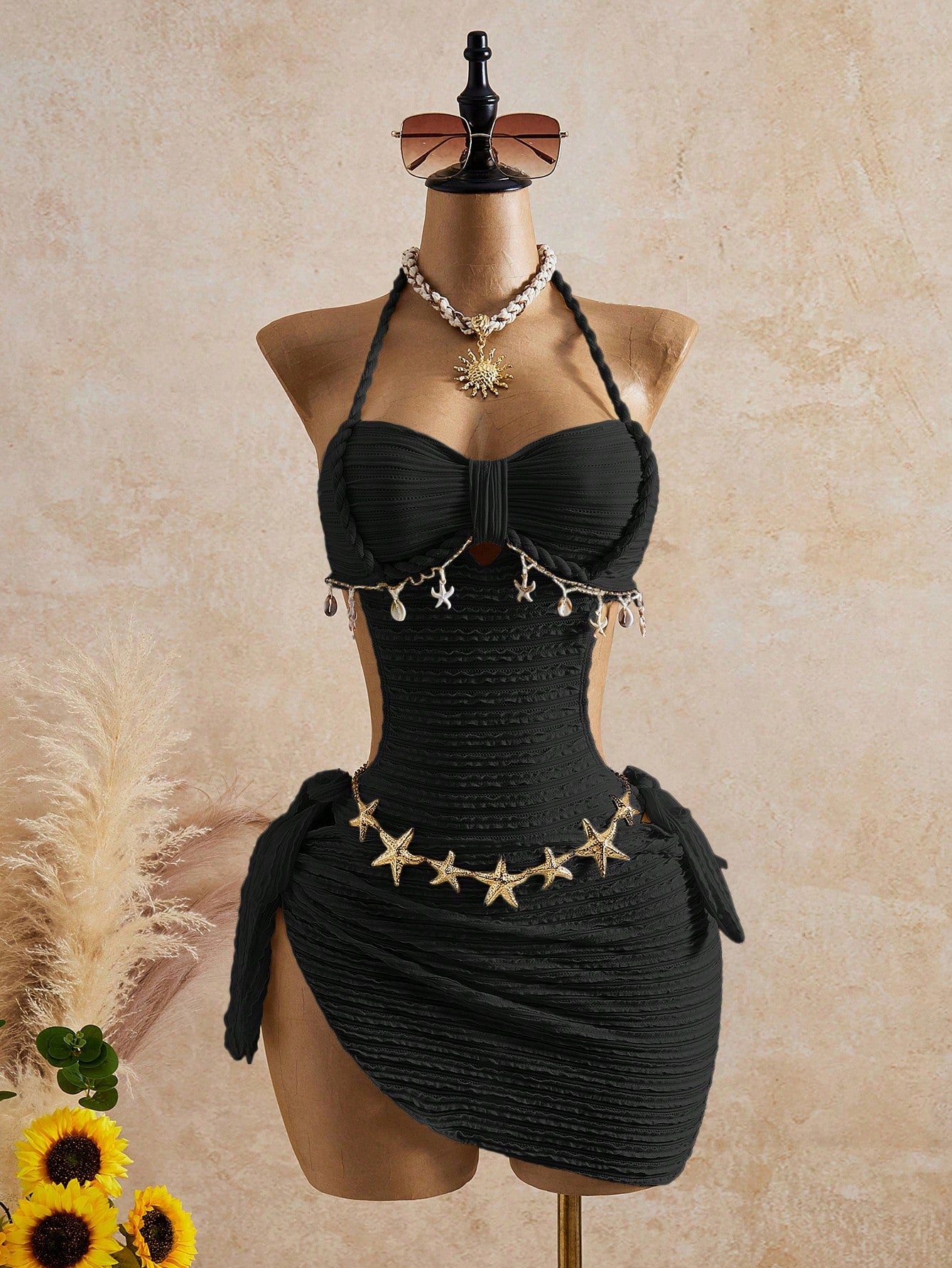 Bellisia 26SS Spring/Summer Vacation Apricot Vintage Square Neck Slimming Braided Rope Starfish Shell Halter One-Piece Top & Skirt Swimsuit 2 Pieces Set