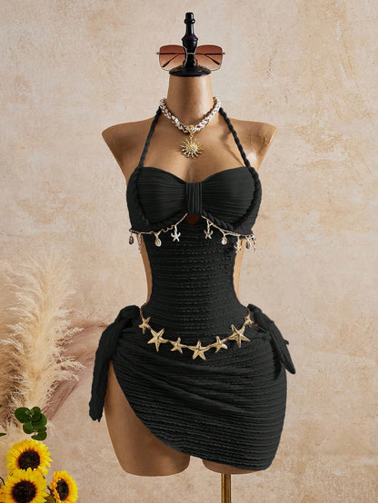 Bellisia 26SS Spring/Summer Vacation Apricot Vintage Square Neck Slimming Braided Rope Starfish Shell Halter One-Piece Top & Skirt Swimsuit 2 Pieces Set