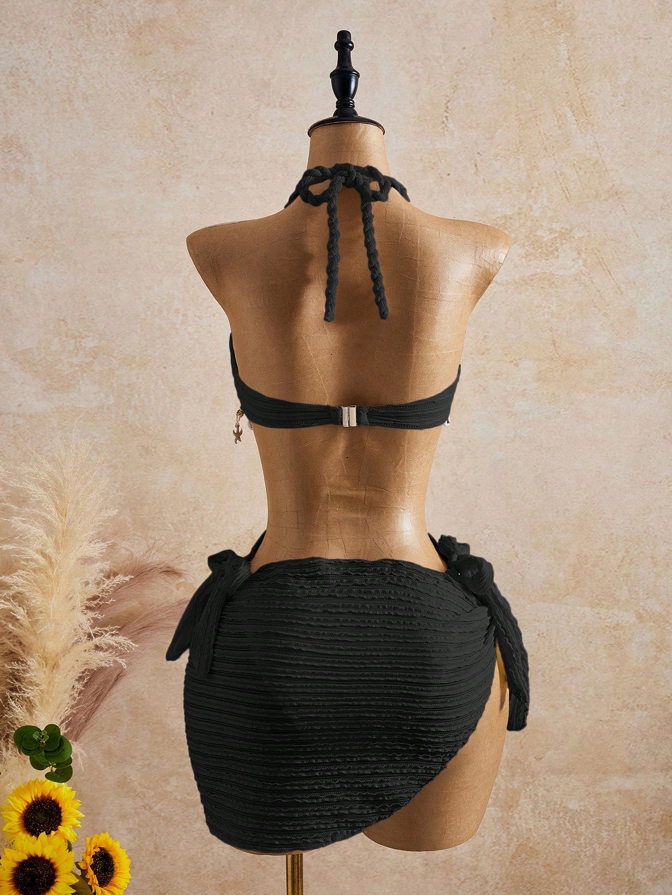 Bellisia 26SS Spring/Summer Vacation Apricot Vintage Square Neck Slimming Braided Rope Starfish Shell Halter One-Piece Top & Skirt Swimsuit 2 Pieces Set