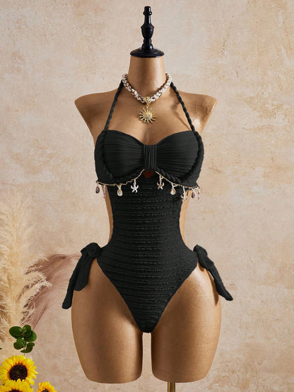 Bellisia 26SS Spring/Summer Vacation Apricot Vintage Square Neck Slimming Braided Rope Starfish Shell Halter One-Piece Top & Skirt Swimsuit 2 Pieces Set