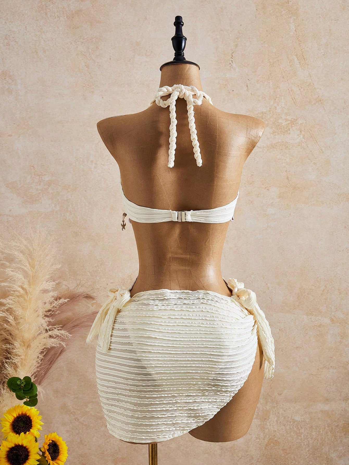 Bellisia 26SS Spring/Summer Vacation Apricot Vintage Square Neck Slimming Braided Rope Starfish Shell Halter One-Piece Top & Skirt Swimsuit 2 Pieces Set
