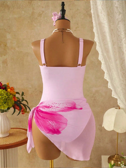 Bellisia Plus Size Women's Floral Print Ruched One-Piece Swimsuit And Skirt Set, Suitable For Beach Vacation, Pool Party, Beach Party