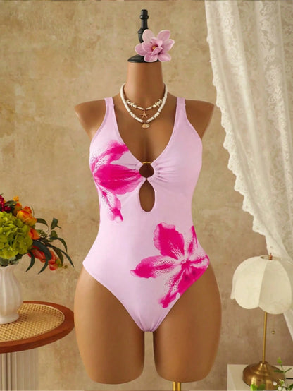 Bellisia Plus Size Women's Floral Print Ruched One-Piece Swimsuit And Skirt Set, Suitable For Beach Vacation, Pool Party, Beach Party
