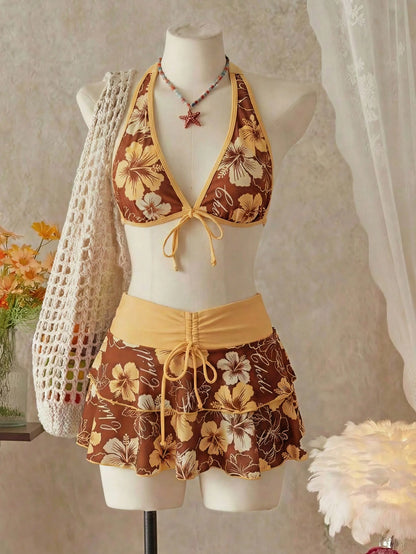 Bellisia Women's Summer Beach Music Festival Flower Pattern Skirt Halter Casual Vacation Style Bikini 3 Pieces Set