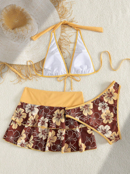 Bellisia Women's Summer Beach Music Festival Flower Pattern Skirt Halter Casual Vacation Style Bikini 3 Pieces Set