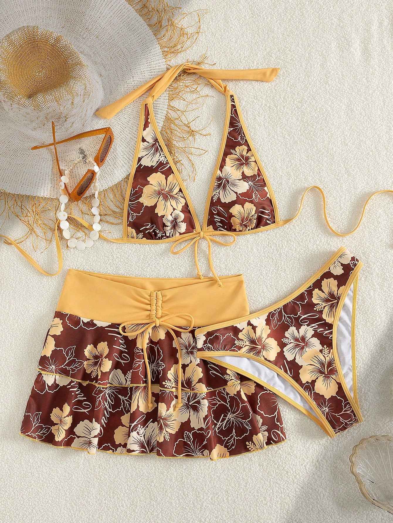 Bellisia Women's Summer Beach Music Festival Flower Pattern Skirt Halter Casual Vacation Style Bikini 3 Pieces Set