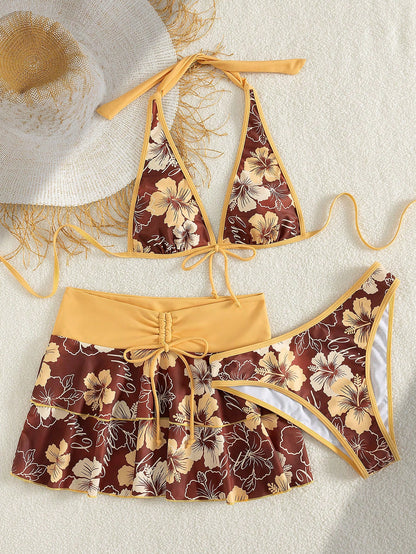 Bellisia Women's Summer Beach Music Festival Flower Pattern Skirt Halter Casual Vacation Style Bikini 3 Pieces Set